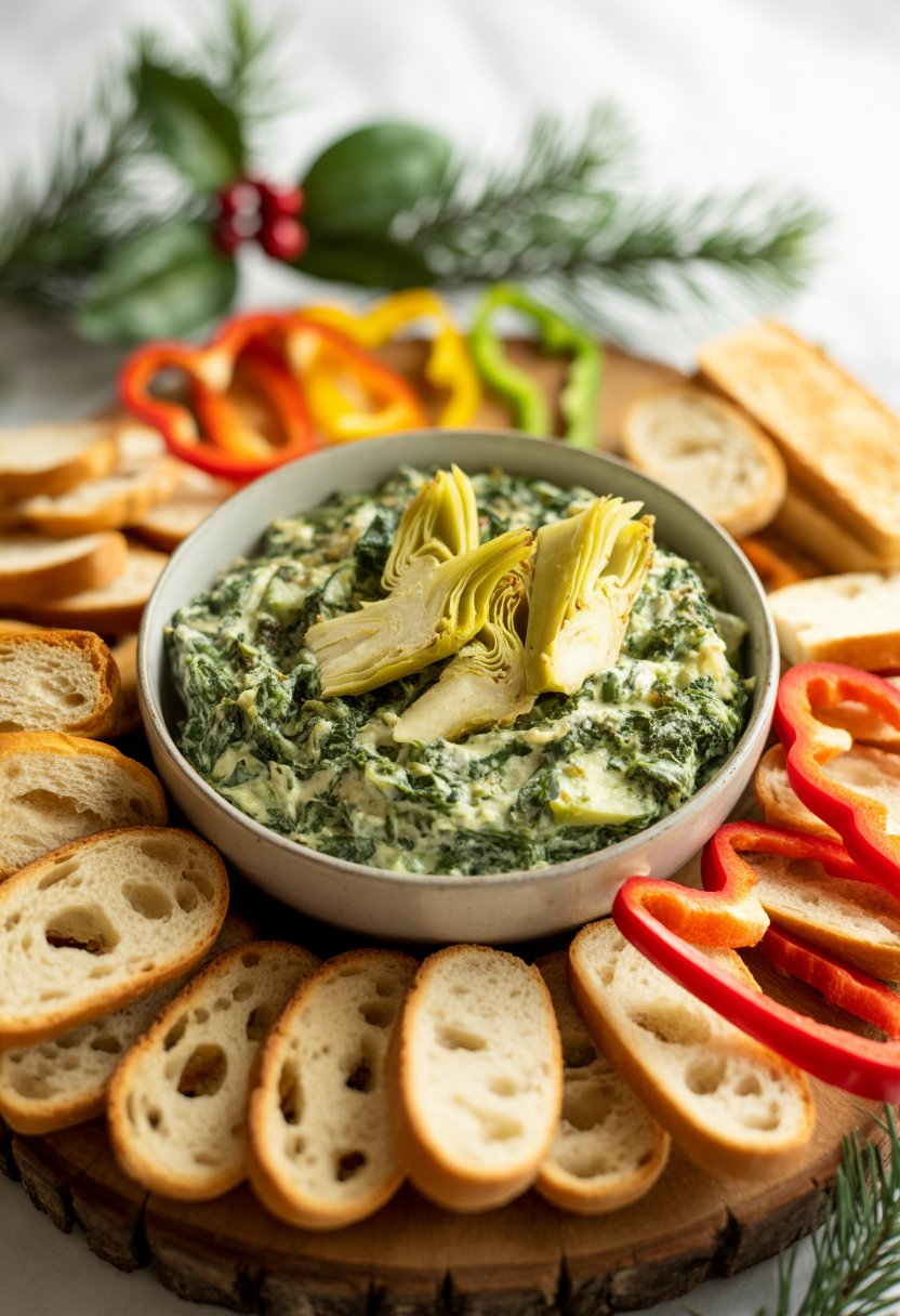 A bowl of creamy spinach and artichoke dip surrounded by toasted bread slices, bell pepper strips, and crackers on a rustic wooden surface.