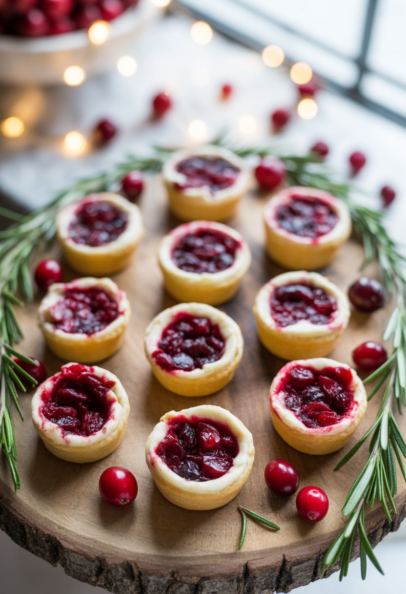 Ten cranberry brie bites arranged on a rustic wooden surface with fresh rosemary and cranberries, showcasing golden pastry shells and melted cheese.