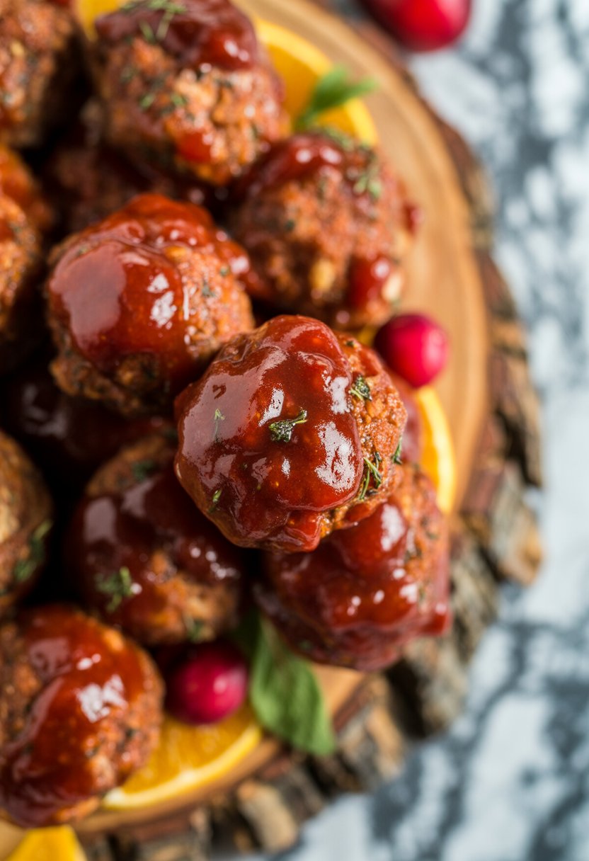 A plate of cocktail meatballs coated in cranberry BBQ sauce, garnished with fresh herbs and cranberries, on a rustic wooden surface.