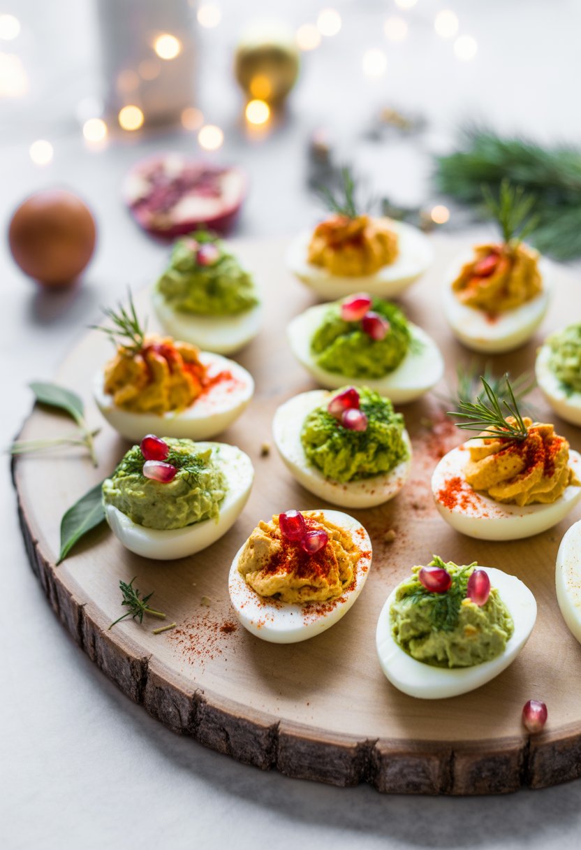 A platter of deviled eggs garnished with fresh herbs and pomegranate seeds on a rustic wooden surface, surrounded by scattered greens and festive decorations.
