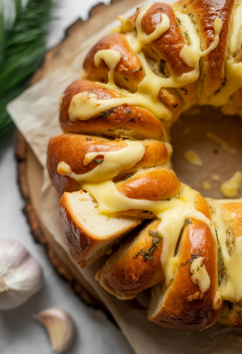 A close-up of a golden cheesy garlic pull-apart bread with melted cheese and fresh herbs on a rustic wooden surface.