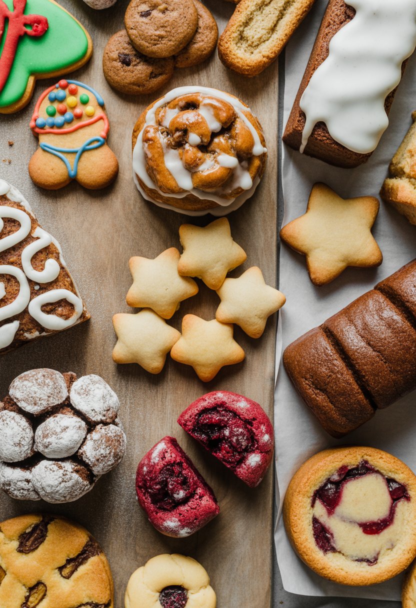 Nine different Christmas baked goods arranged on a wooden or marble surface, including cookies, rolls, muffins, and pies.