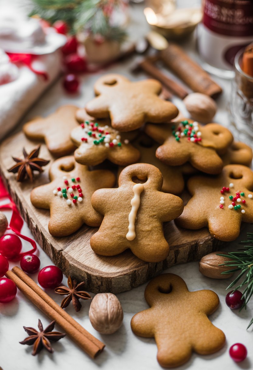 Overhead view of decorated gingerbread cookies on a rustic surface surrounded by cinnamon sticks, star anise, nutmeg, and cranberries.
