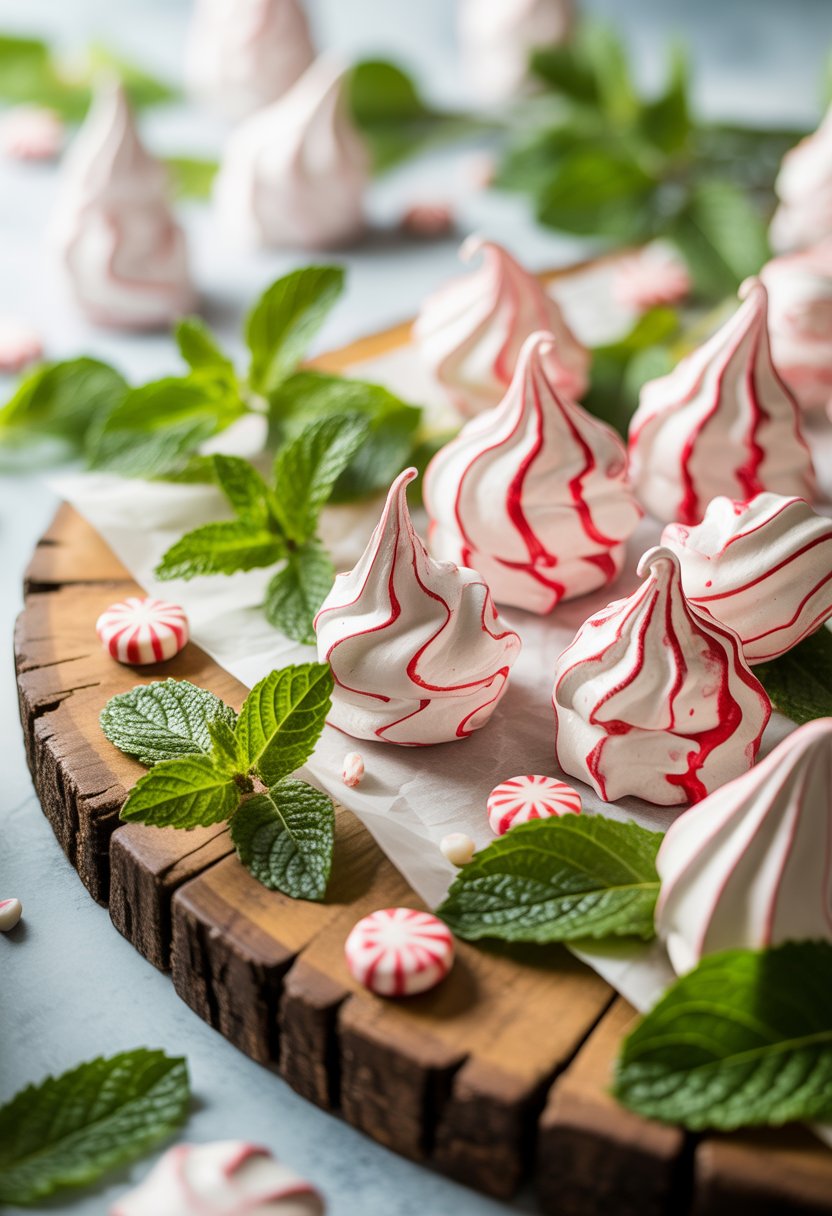 Close-up of peppermint meringue kisses on a rustic wooden or marble surface with fresh peppermint leaves and candy canes.