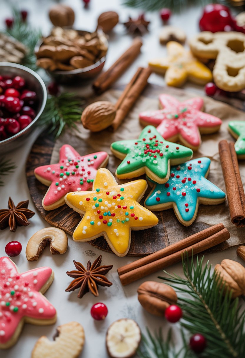 A close-up view of decorated Christmas sugar cookies on a rustic surface, surrounded by cinnamon sticks, star anise, nuts, and cranberries.