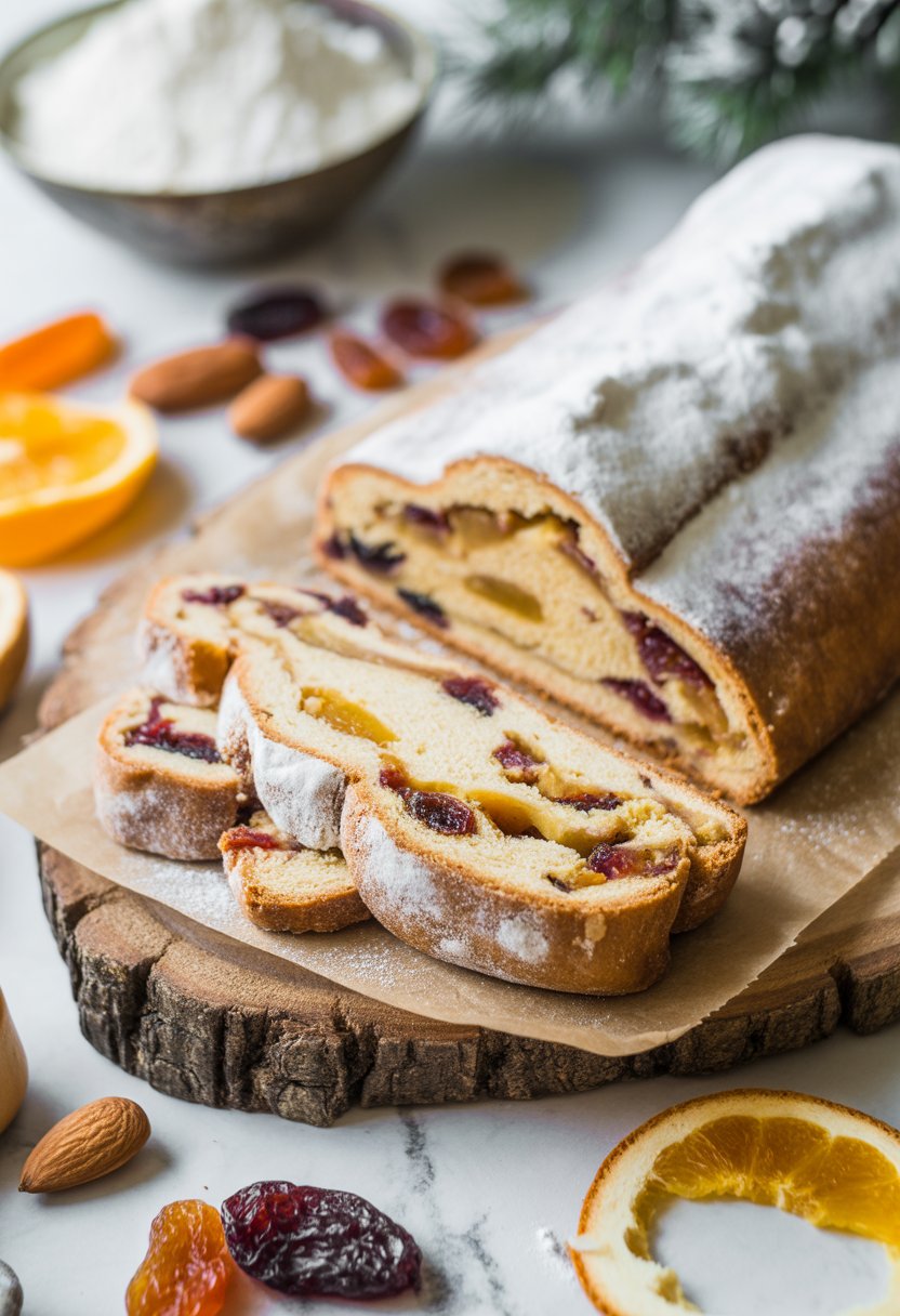A sliced Stollen holiday bread on a wooden surface surrounded by almonds, dried fruits, and powdered sugar.