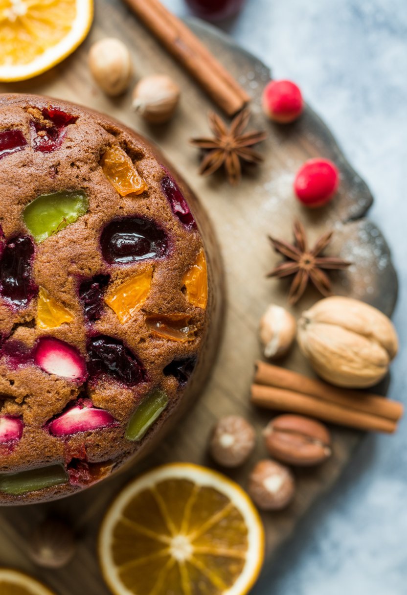 A boozy fruitcake on a rustic surface surrounded by cinnamon sticks, dried orange slices, nuts, and fresh berries.