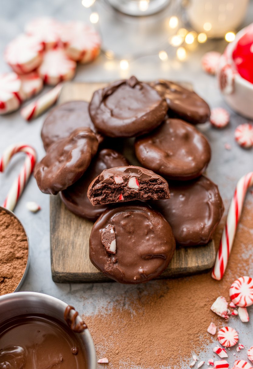 Close-up of chocolate peppermint cookies on a rustic surface with peppermint sticks and crushed candy canes around them.
