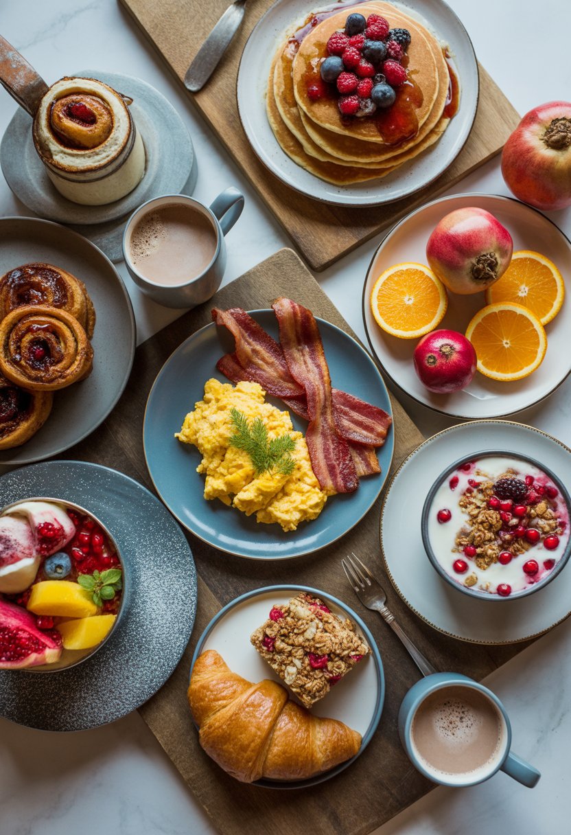 A festive Christmas breakfast table with pancakes, cinnamon rolls, scrambled eggs, bacon, fresh fruit, croissants, hot chocolate, and yogurt parfait arranged on wood and marble surfaces.
