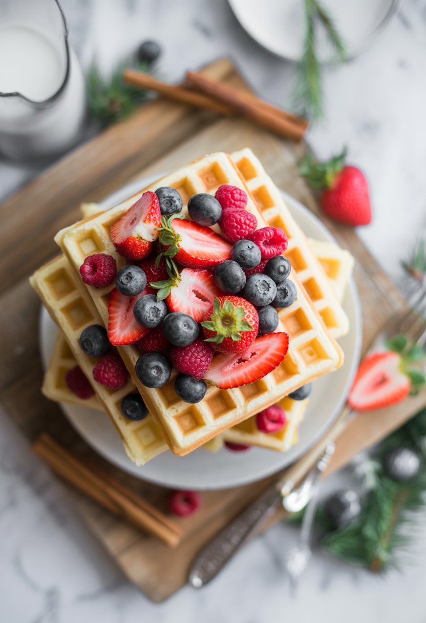Top view of Belgian waffles topped with fresh strawberries, blueberries, and raspberries on a rustic wooden or marble surface.