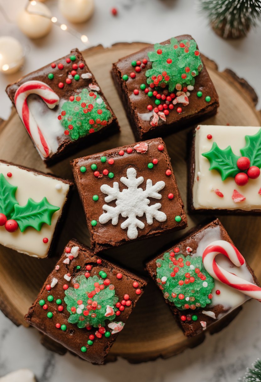 Seven Christmas brownies decorated with festive toppings arranged on a rustic surface.
