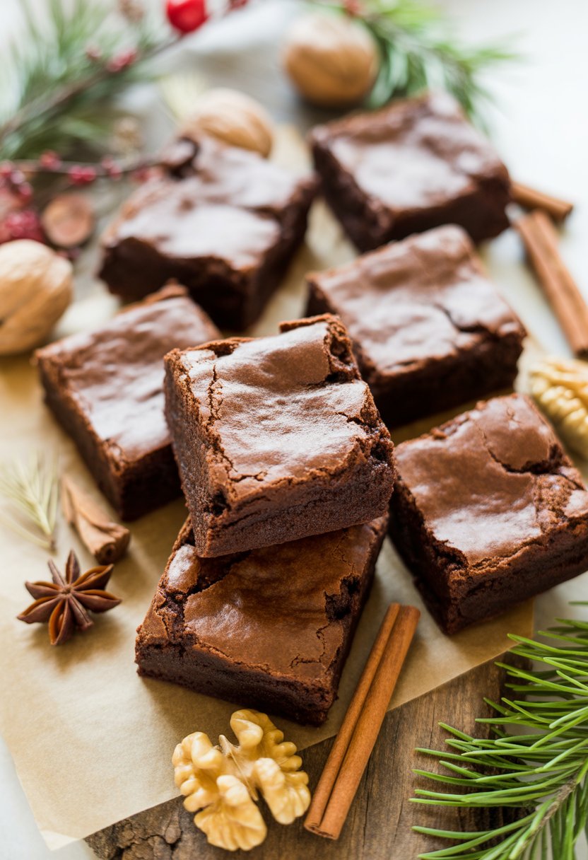 Seven fudgy Christmas brownies arranged on a rustic wood surface with festive spices and greenery around them.