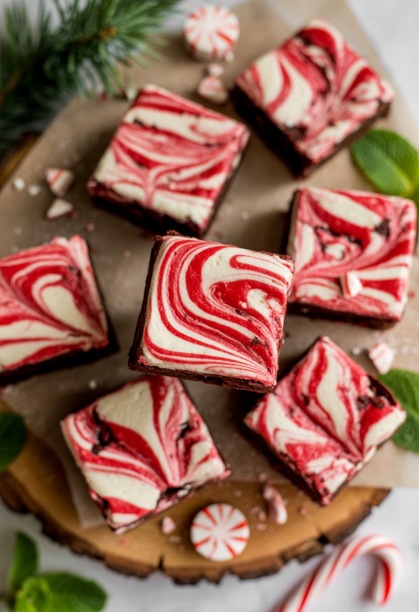 Seven peppermint swirl Christmas brownies arranged on a wooden or marble surface with fresh peppermint leaves and crushed candy canes around them.