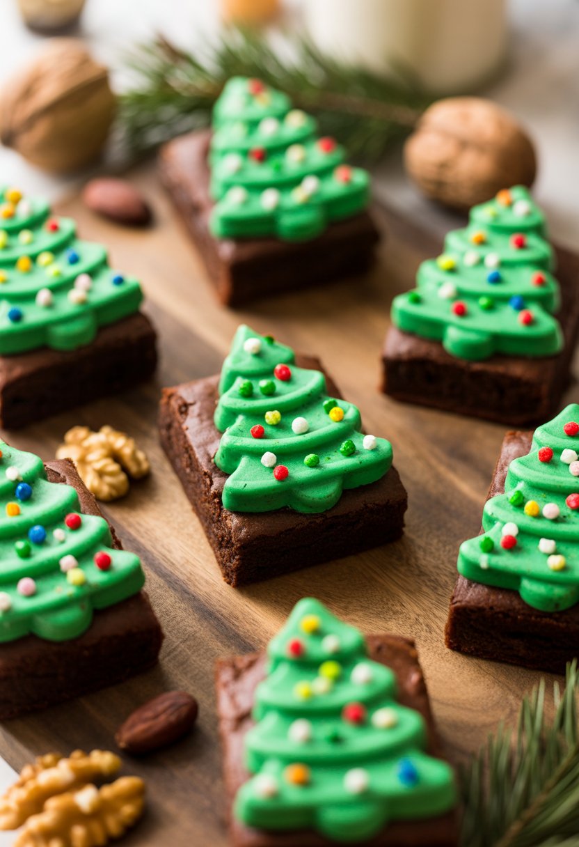 Seven Christmas Tree Brownie Bites decorated with green frosting and colorful sprinkles arranged on a rustic surface with festive decorations around them.