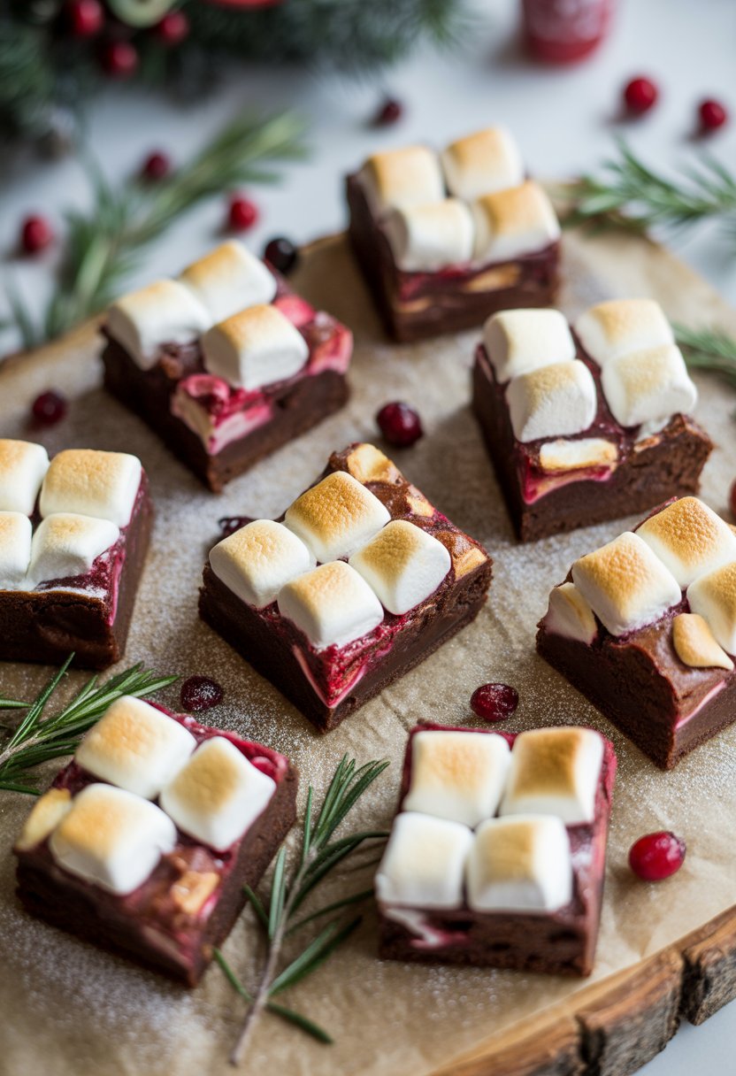Seven Christmas brownies topped with toasted marshmallows arranged on a wooden surface with fresh garnishes.