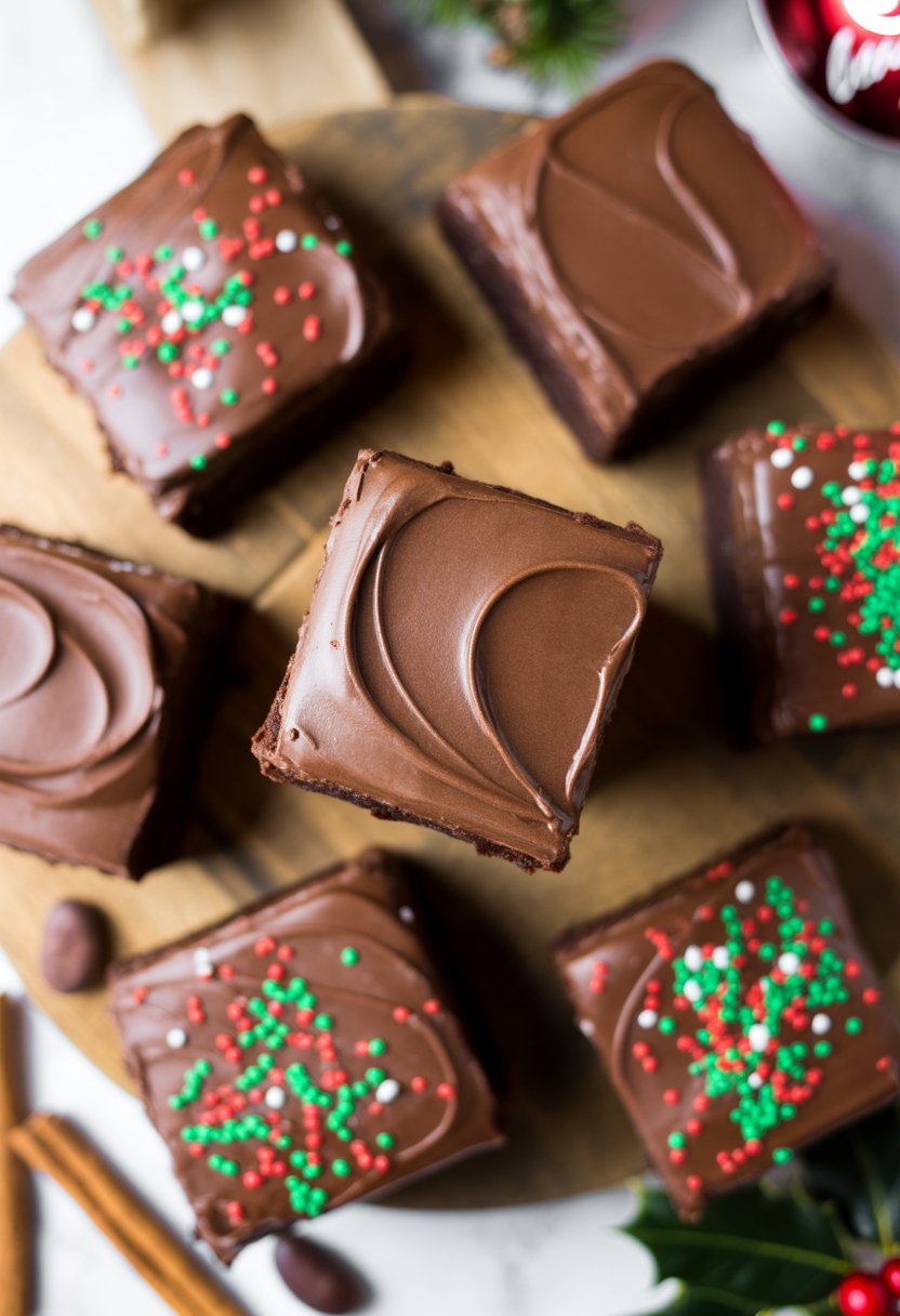 Seven chocolate frosted Christmas brownies arranged on a rustic surface with festive toppings and natural ingredients around them.