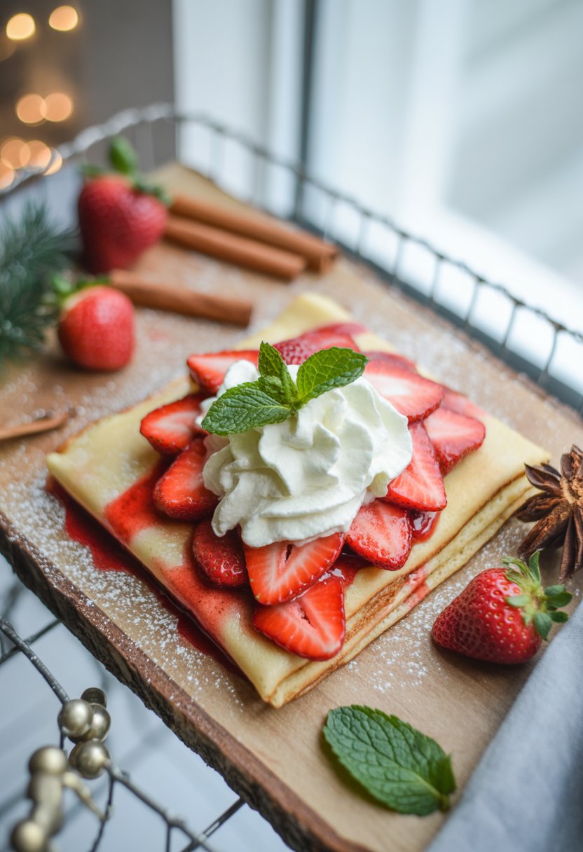 Plate of strawberry crepes topped with whipped cream and garnished with fresh strawberries and mint leaves on a rustic wooden surface.
