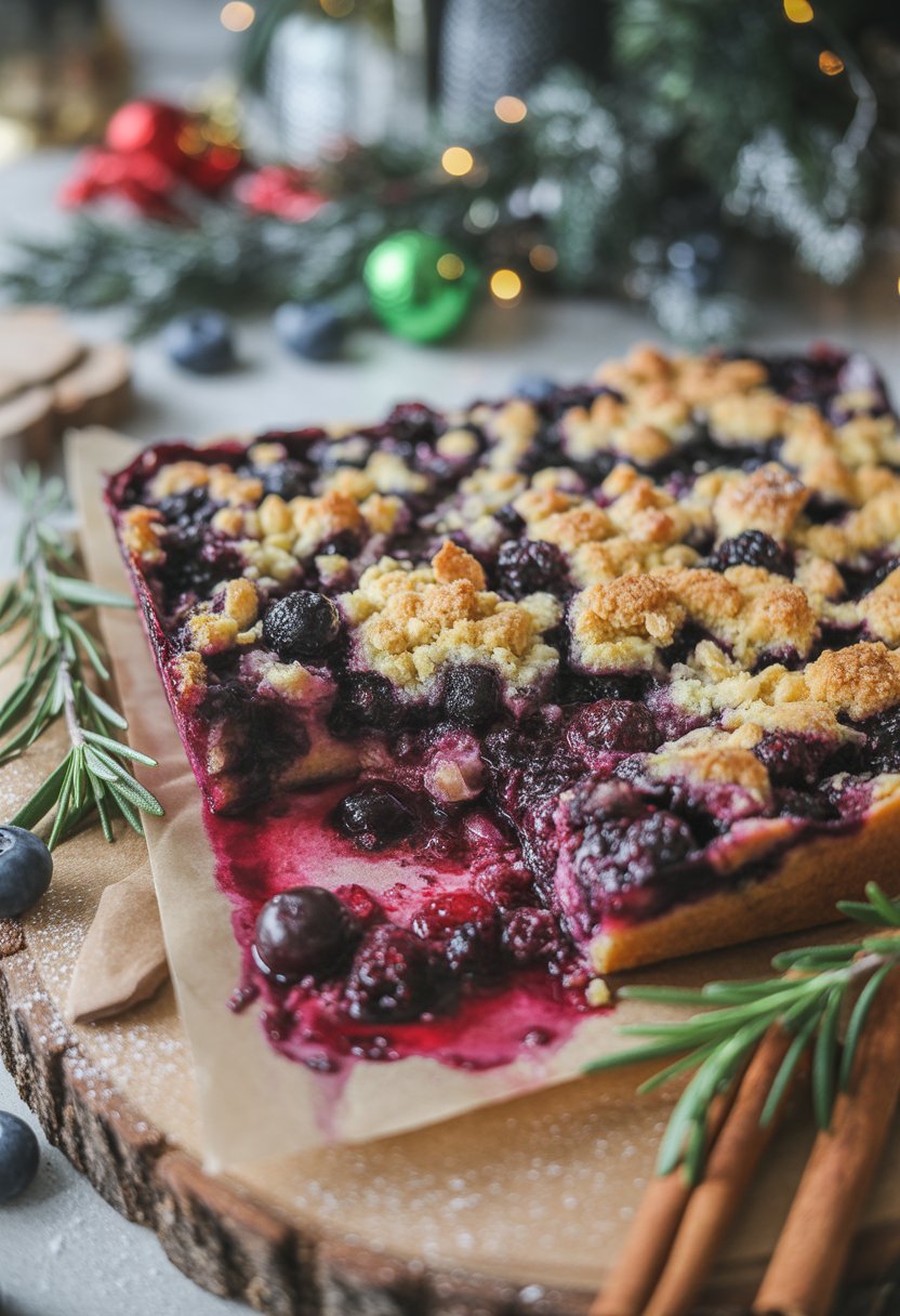 A blueberry breakfast bake with a crunchy topping on a rustic wooden surface, surrounded by festive brunch ingredients and decorations.