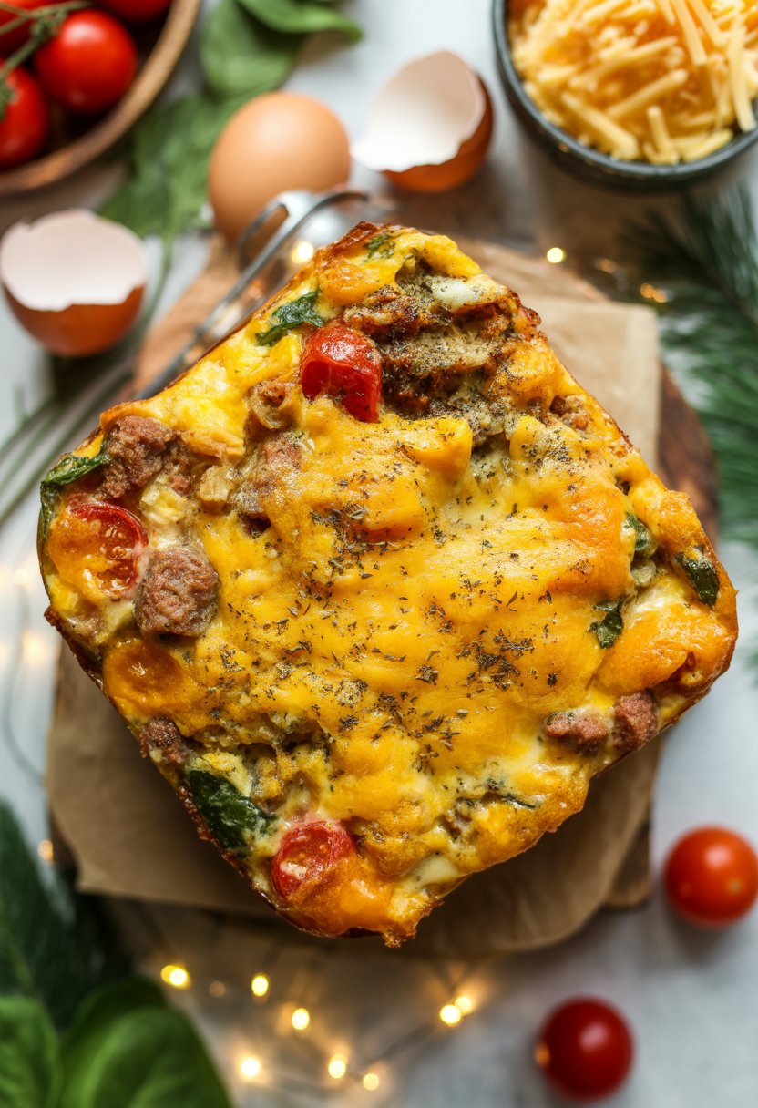 A cheesy breakfast casserole with melted cheese and herbs on a rustic surface, surrounded by fresh ingredients like tomatoes and eggs.