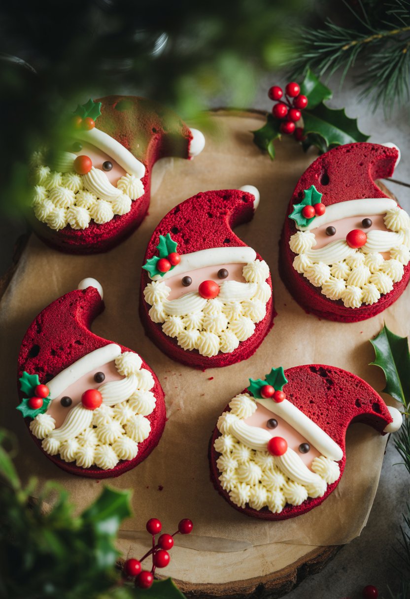 Five Santa Claus shaped red velvet cakes arranged on a rustic surface with bright natural light and a softly blurred background.
