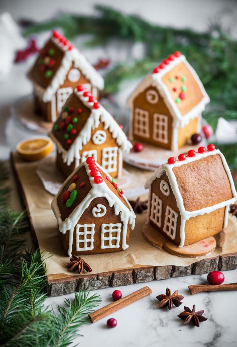 Five decorated gingerbread house cakes with royal icing displayed on a wooden or marble surface, surrounded by festive spices and berries.