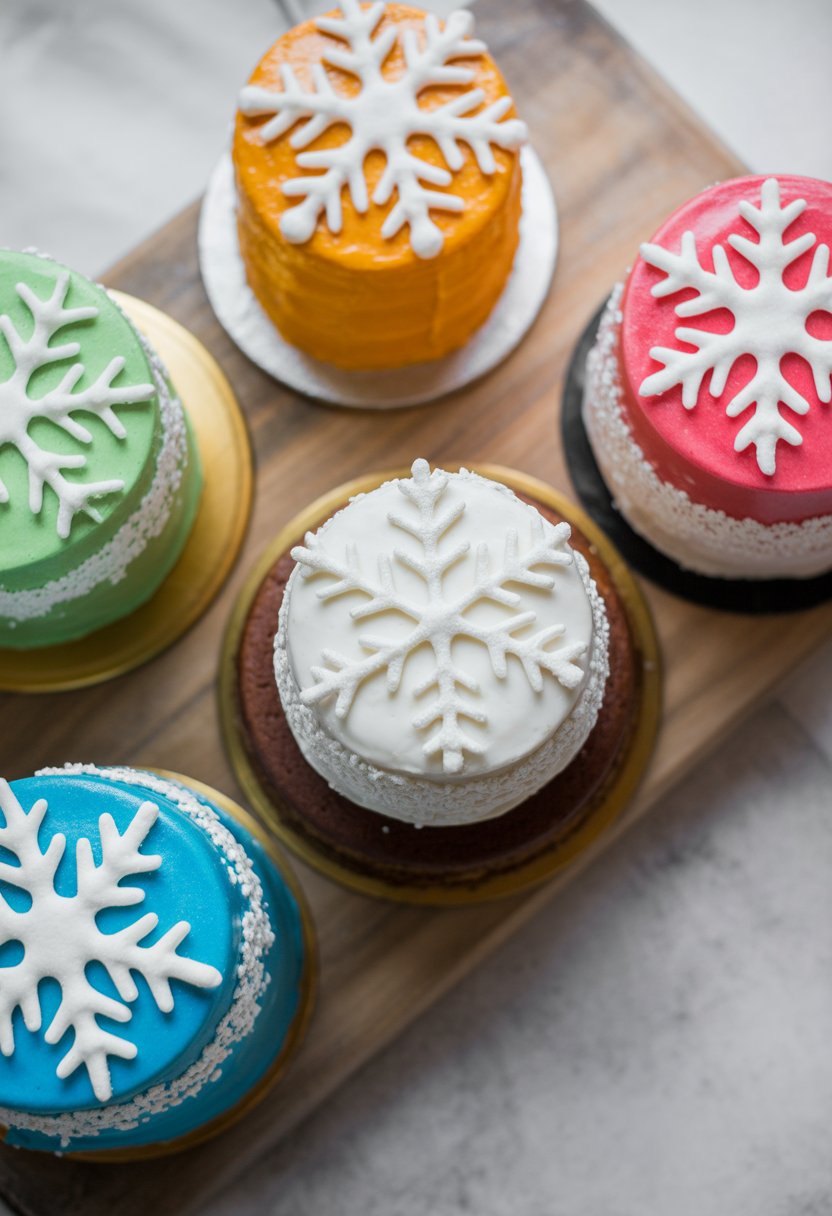 Five Christmas cakes decorated with edible snowflakes arranged on a rustic surface in a winter-themed setting.