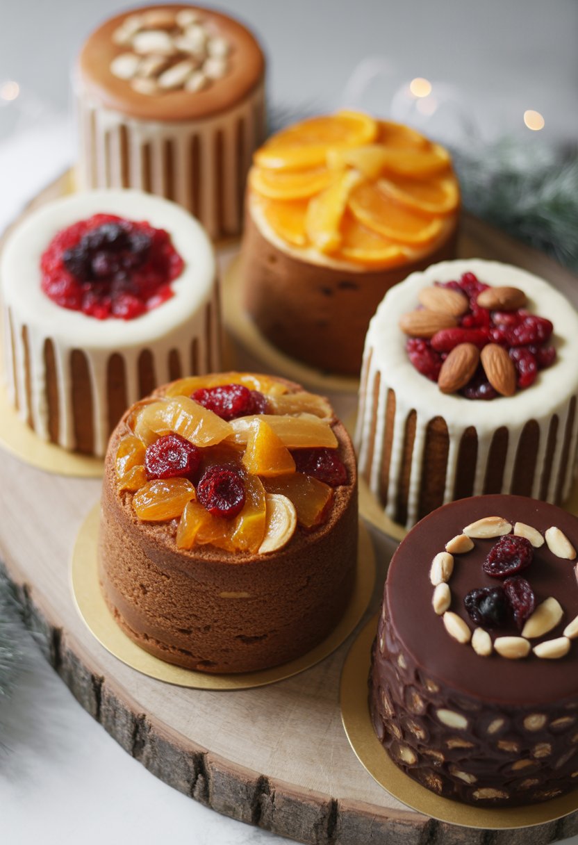 Five layered fruitcakes decorated with marzipan and almonds arranged on a rustic surface, with bright natural lighting and a blurred background.