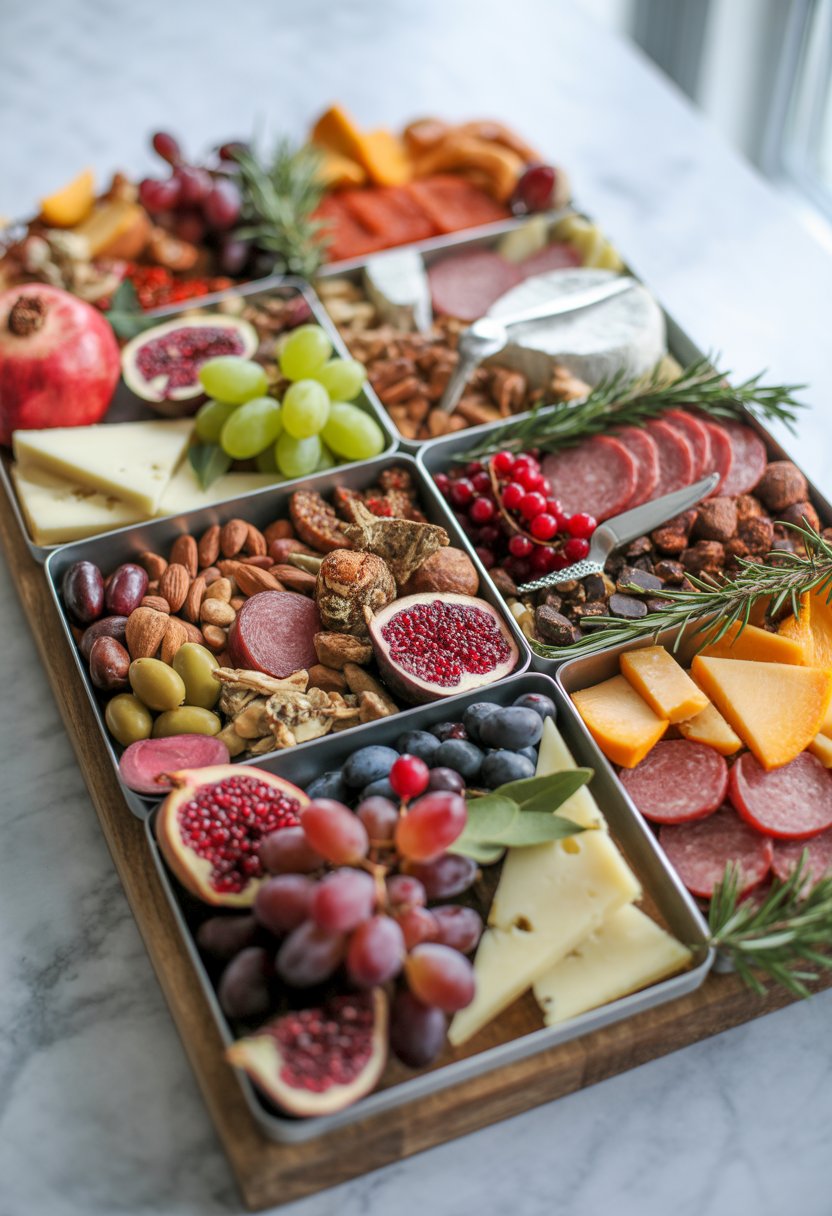 A Christmas charcuterie board with six sections displaying cured meats, cheeses, fresh fruits, nuts, olives, and festive garnishes on a rustic wooden or marble surface.
