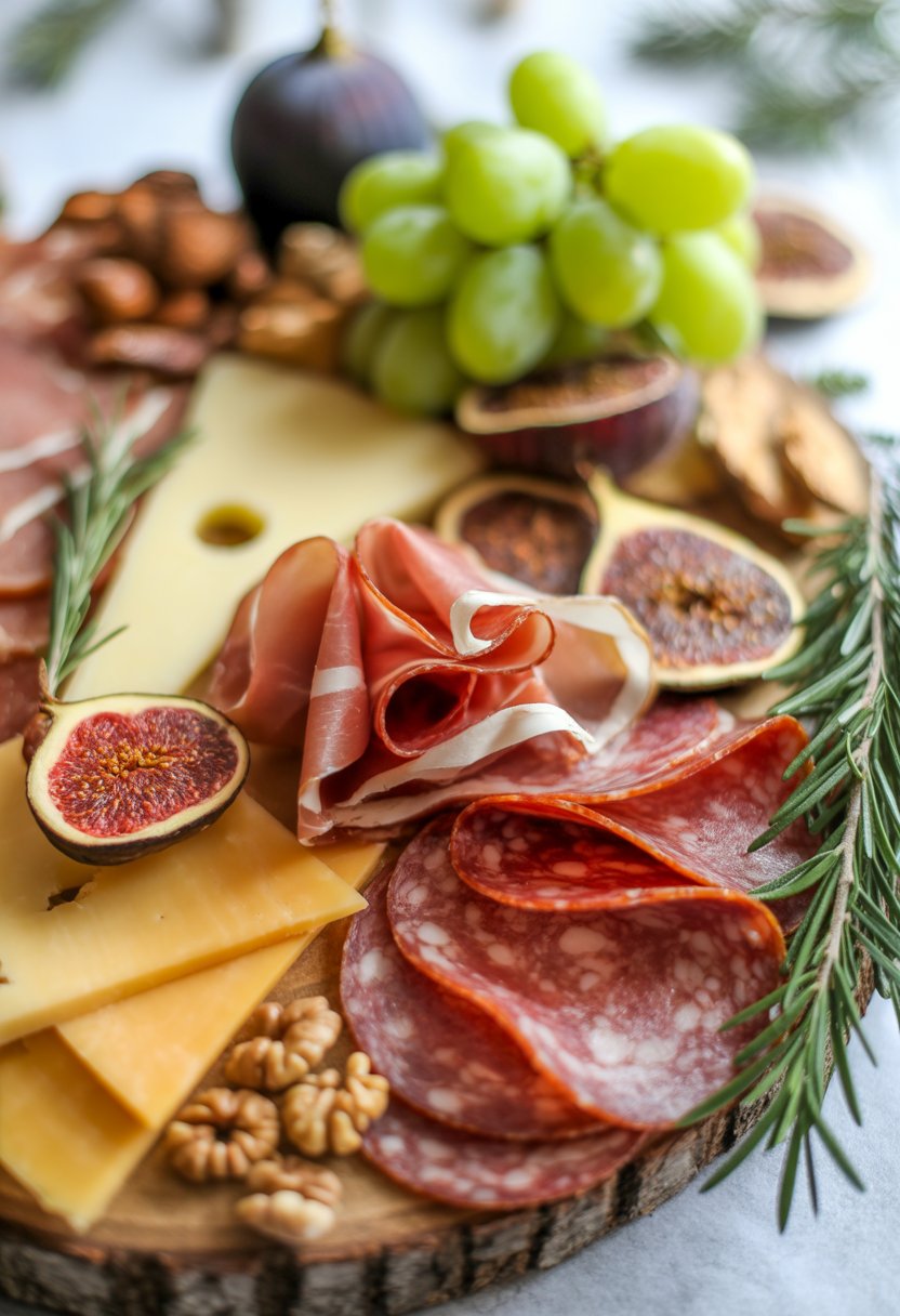 A Christmas charcuterie board with prosciutto, Genoa salami, aged cheddar, grapes, figs, nuts, and rosemary on a rustic wood surface.