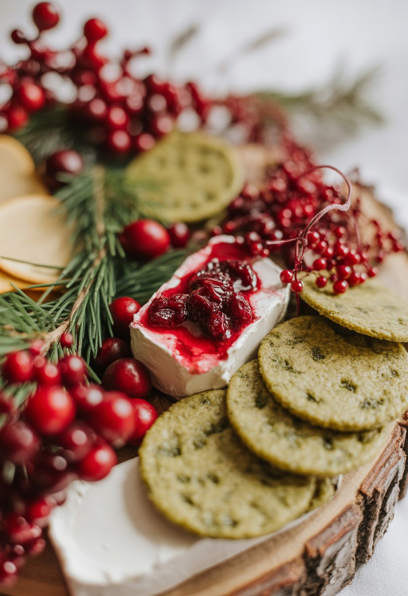 A festive Christmas charcuterie board with cranberry goat cheese and pesto crackers on a rustic wood surface.
