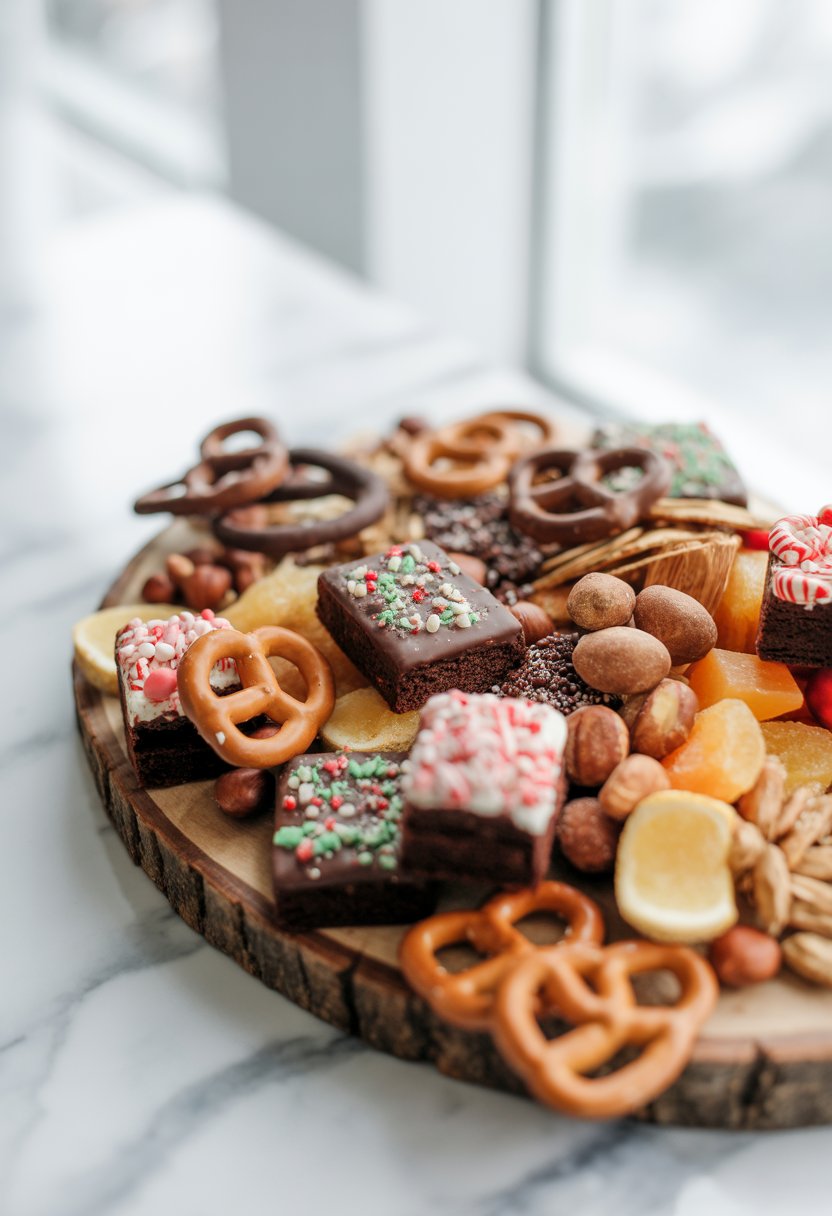 A dessert board with chocolate-dipped pretzels, mini peppermint brownies, nuts, dried fruits, and festive candies arranged on a rustic wood surface.