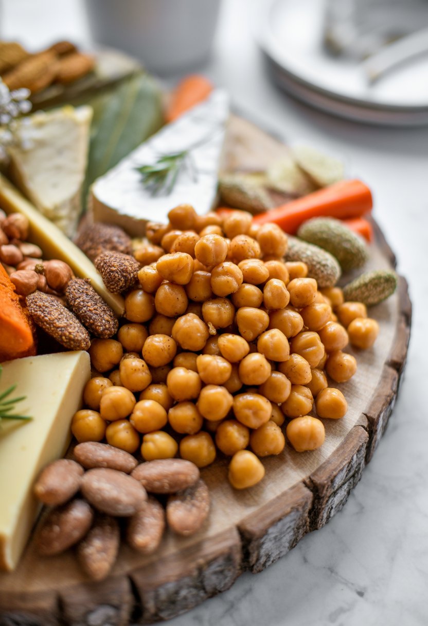 A festive vegan holiday board with roasted chickpeas, vegan cheese, and spiced nuts arranged on a rustic surface.