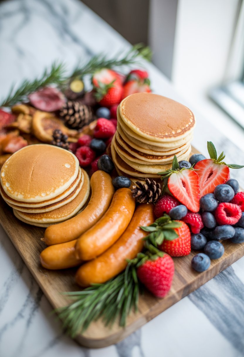 A Christmas breakfast charcuterie board with mini pancakes, maple sausages, and fresh berries arranged on a rustic wooden surface.