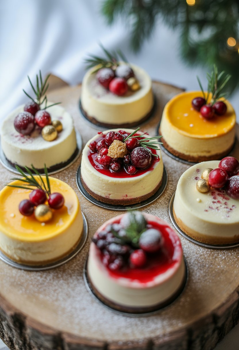Seven Christmas cheesecakes decorated with cranberries and rosemary on a rustic surface.