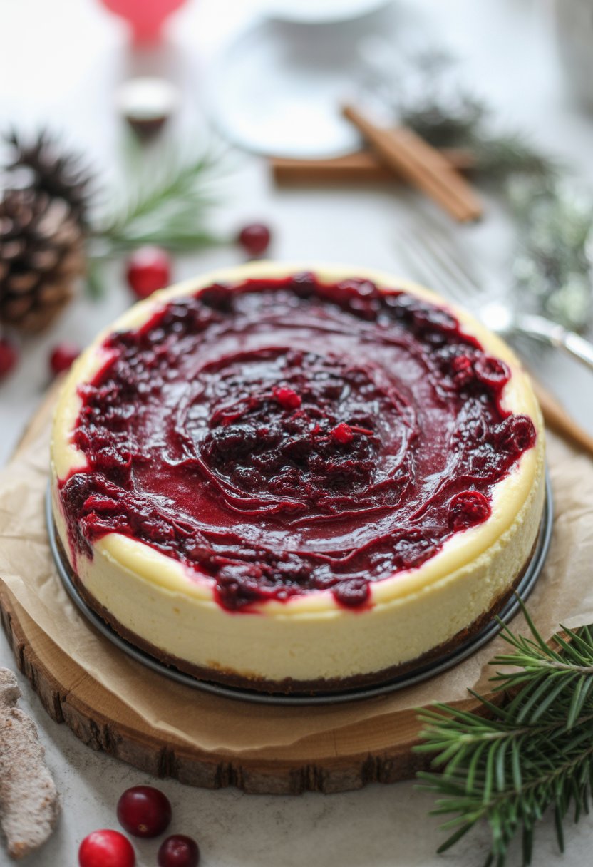 A classic Christmas cheesecake with a cranberry swirl on top, surrounded by fresh cranberries and holiday greenery on a wooden surface.