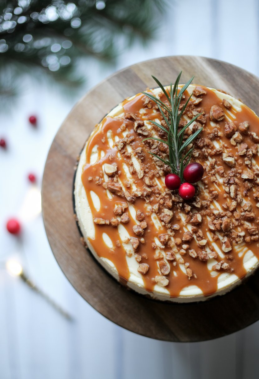 A salted caramel Christmas cheesecake decorated with caramel drizzle, nuts, and holiday garnishes on a rustic surface.