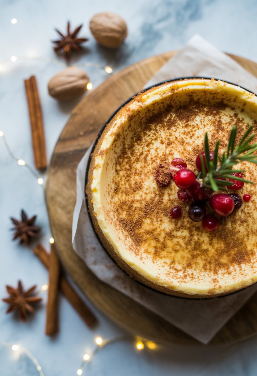 A festive eggnog-spiced Christmas cheesecake on a rustic wooden surface surrounded by spices and garnishes.