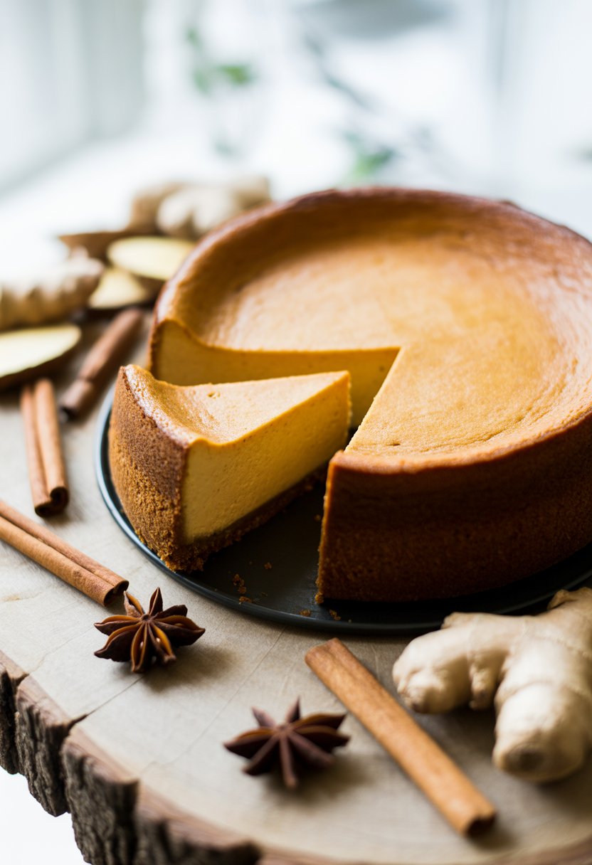 A sliced gingerbread cheesecake with molasses crust on a rustic wooden surface, surrounded by cinnamon sticks and star anise.