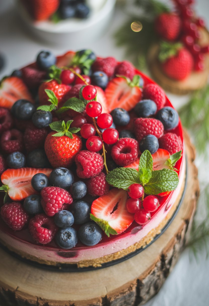 A no-bake festive berry cheesecake topped with fresh mixed berries and mint leaves on a rustic surface.