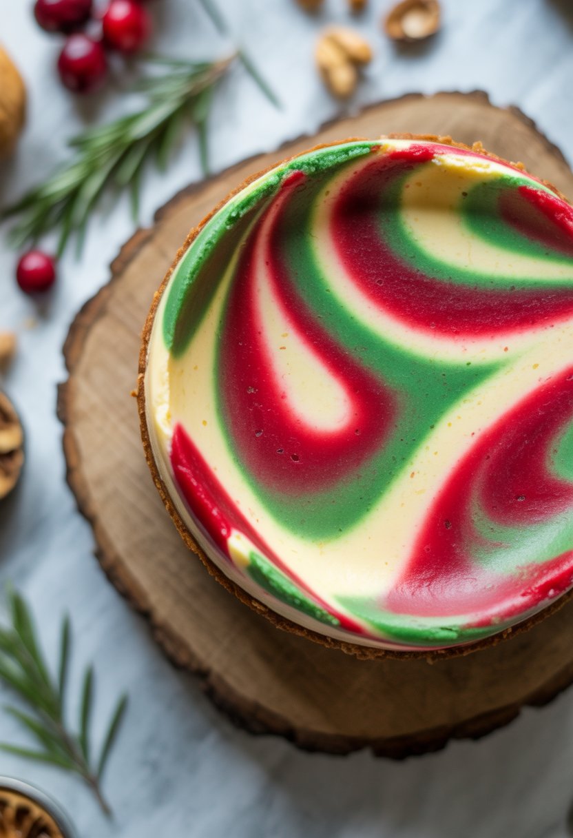 A vegan Christmas cheesecake with red and green swirls on a rustic wood or marble surface, surrounded by fresh cranberries and rosemary sprigs.