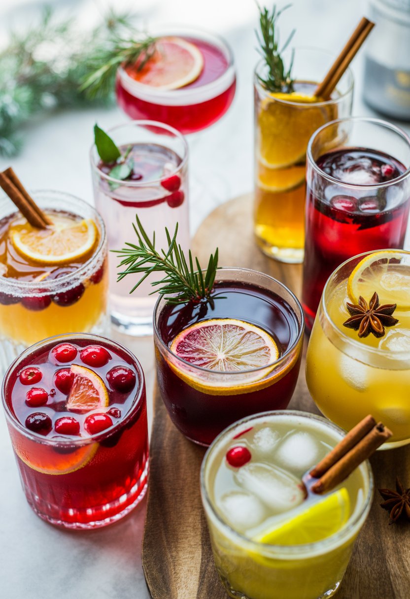 Eight colorful Christmas cocktails with festive garnishes arranged on a rustic surface.