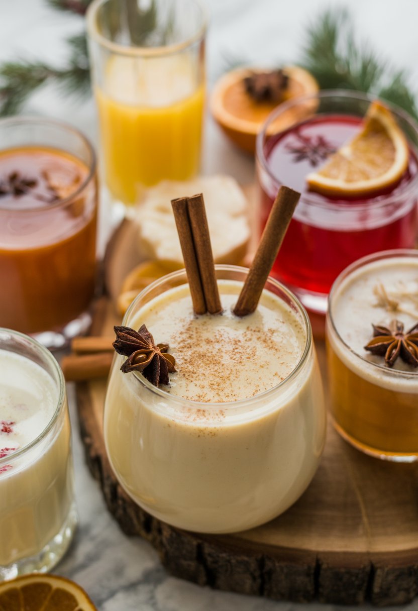 A creamy classic eggnog cocktail surrounded by seven other colorful Christmas cocktails on a rustic wooden surface with festive garnishes.