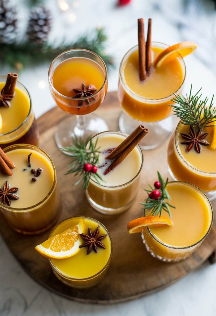Eight Christmas cocktails featuring Hot Buttered Rum arranged on a rustic surface with festive garnishes and natural lighting.