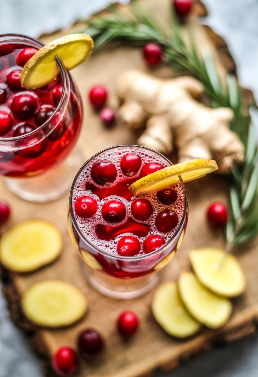 A glass of cranberry ginger mimosa on a rustic wood surface surrounded by fresh cranberries, ginger slices, and rosemary sprigs.