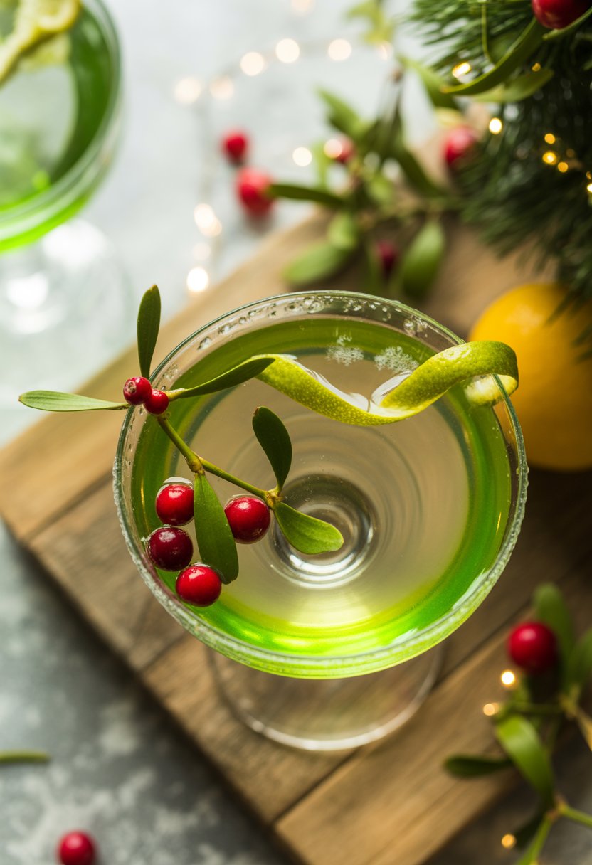 A Mistletoe Martini cocktail on a rustic wood surface with fresh mistletoe and cranberries as garnish, surrounded by soft blurred festive lights.