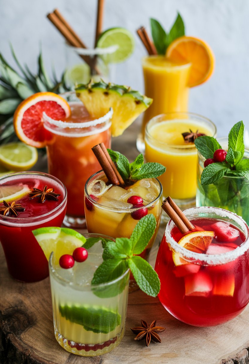 Eight colorful holiday Mai Tai cocktails arranged on a rustic wood or marble surface with fresh garnishes like citrus slices, mint, and cranberries.