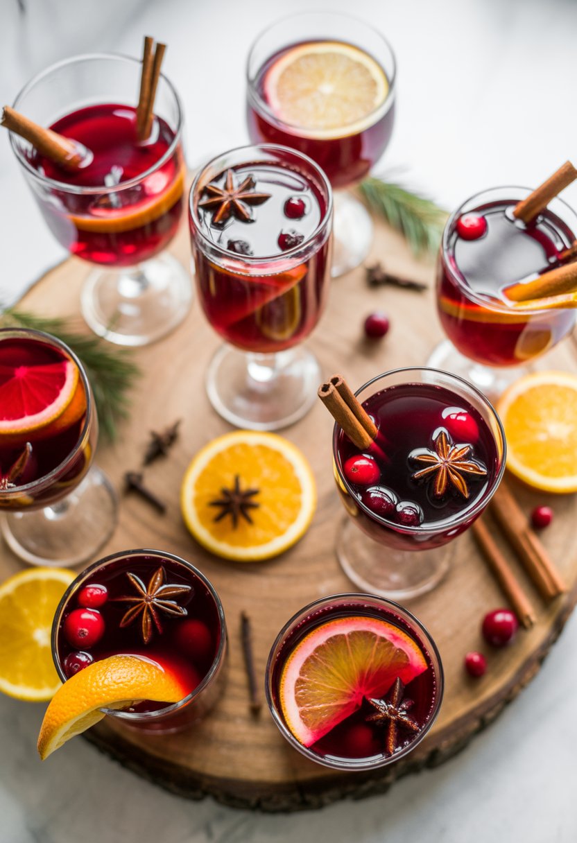 Eight glasses of mulled wine with spices and orange slices arranged on a wooden or marble surface with fresh ingredients around them.