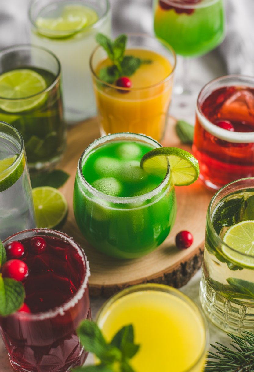 A bright overhead view of a green Midori Magic Grinch cocktail surrounded by seven other colorful Christmas cocktails on a rustic surface with fresh garnishes.