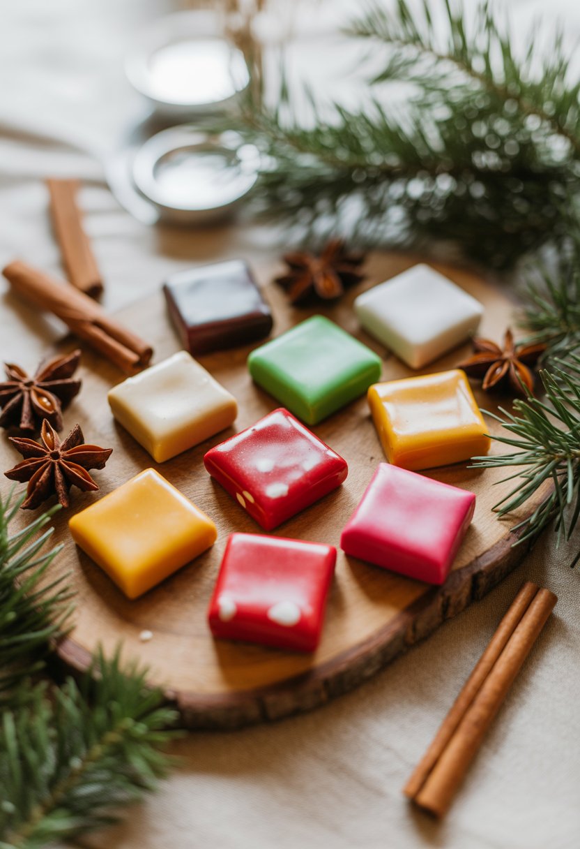 Nine Christmas cracker toffees arranged on a wooden surface with festive spices and holly around them.
