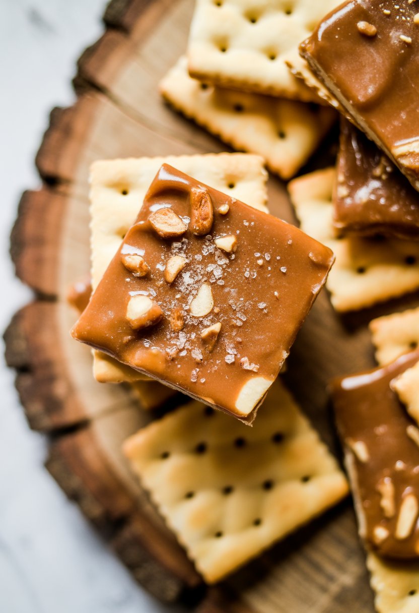 Close-up of saltine cracker toffee arranged on a rustic wood surface with caramel and nuts visible.